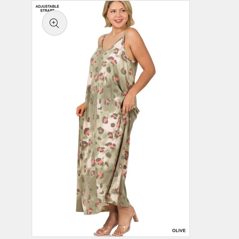 ZENANA size LARGE Olive Leopard Maxi Dress Comfy Pockets NEW!